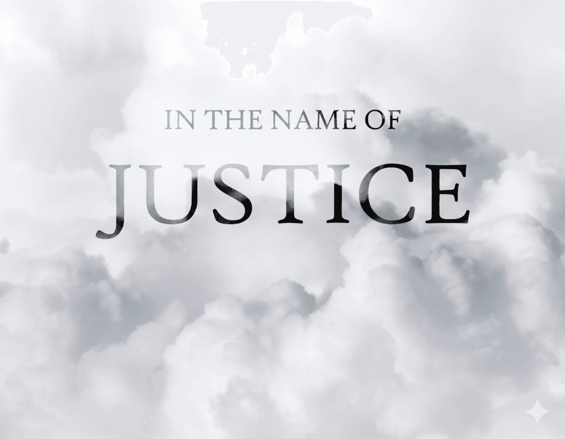 images shows writing: in the name of justice in black colour on the grey cloud backgrounds