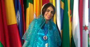 Ghanimat Azhdari wearing her traditional dress