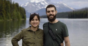 Pouneh Gorji and Arash Pourzarabi by the lake