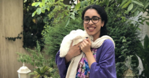 Mahdieh Ghavi and her rabbit, Rachel