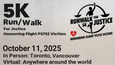Promotional poster for the 5K Run/Walk for Justice honoring Flight PS752 victims. Event date: October 11, 2025. In-person locations: Toronto and Vancouver. Virtual participation available worldwide. Includes a logo of a running figure inside a circle and a small red heart icon.