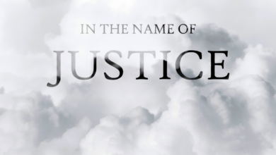 images shows writing: in the name of justice in black colour on the grey cloud backgrounds